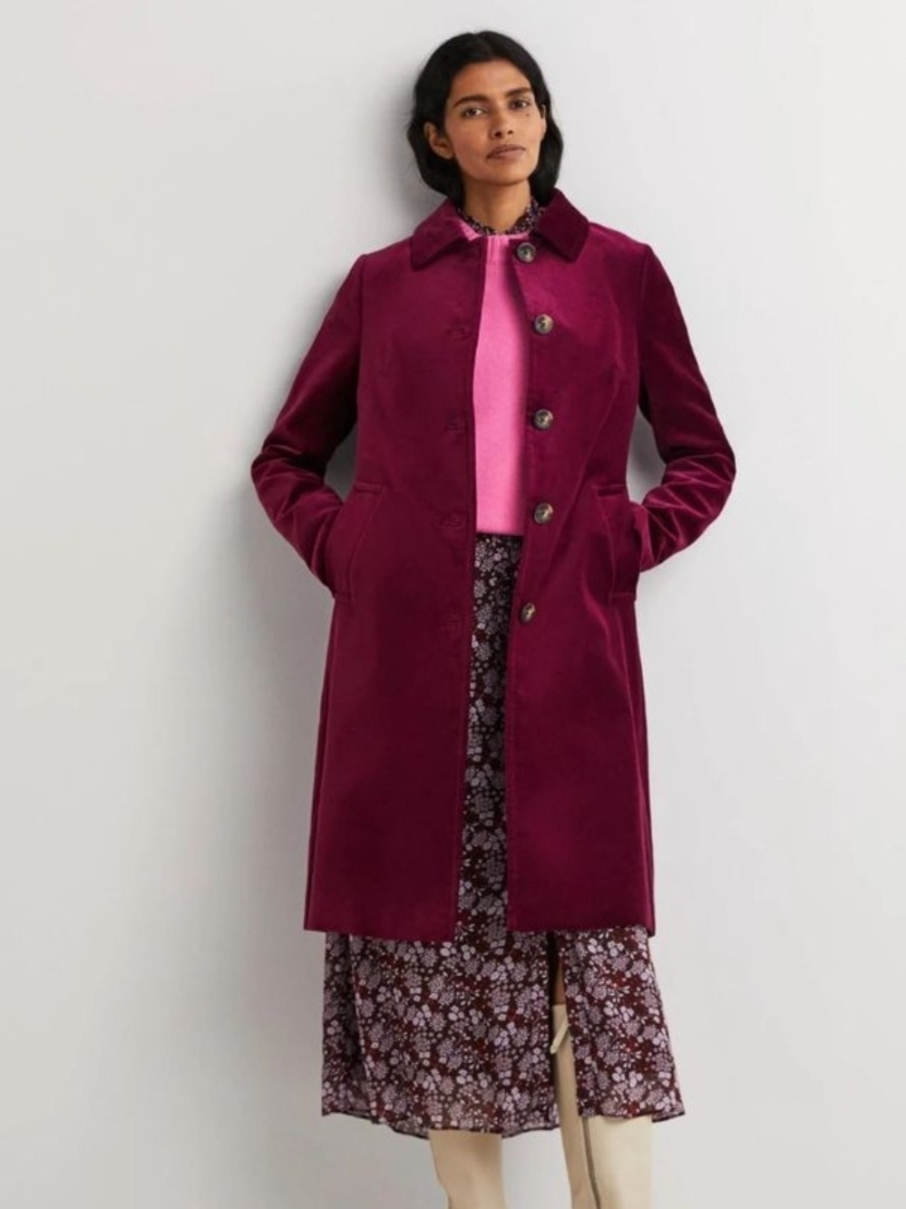 Boden Women's Velvet Single-Breasted Coat in Burgundy - Size 16/18